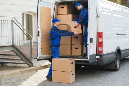 Packed office equipment ready for transport during an Islington relocation