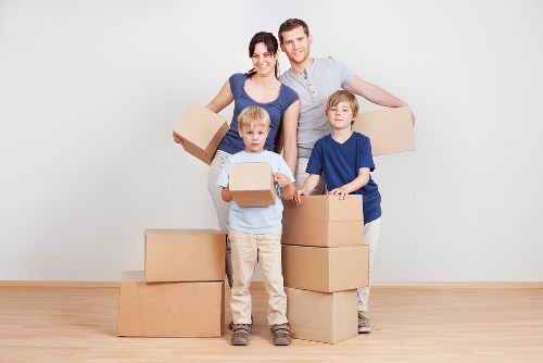 Packed office boxes and equipment ready for relocation