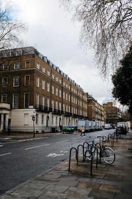A row of Victorian-style terraced houses on a cobblestone street in Islington, featuring brick facades with white accents around windows and doors. Each property has a small external staircase with a metal railing leading up to a second-floor entrance, painted predominantly in shades of blue. Some staircases have black treads and railings, while others are blue, with potted plants and small decorative items visible on some balconies. The ground-floor entrances have large glass doors and windows, also framed in blue, with a variety of shrubs and potted plants placed outside. The street is lined with a yellow line, and the lighting suggests early morning or late afternoon. This setting provides a suitable backdrop for house removals and furniture transport, with an emphasis on the external environment and typical urban residential features, indicative of a home relocation scenario supported by companies like Man and a Van Islington.